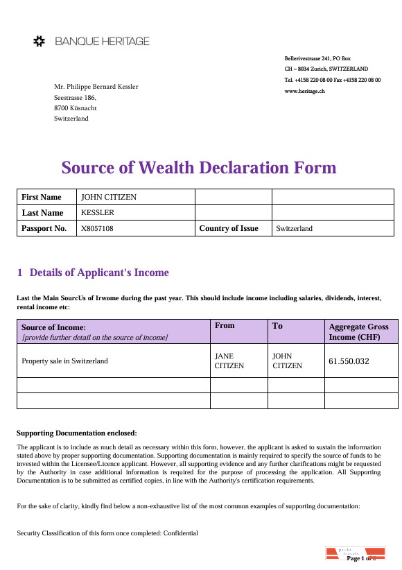 Switzerland Source of Wealth Declaration Heritage Bank